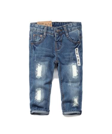 KIDSCOOL SPACE Baby Girl Boy Slim Jeans Little Kid Elastic Band Inside Ripped Denim Pants 5-6 Years Slim Blue-2047