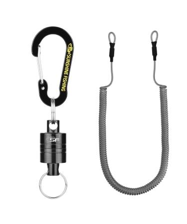 SF Strongest Magnetic Net Release Magnetic Keychain Fly Fishing Net Retractor Magnet Clip Holder Retractor with Retractable Coiled Lanyard Carabiner Black Magnet+ Black Carabiner Long Lanyard: For Landing Net etc.