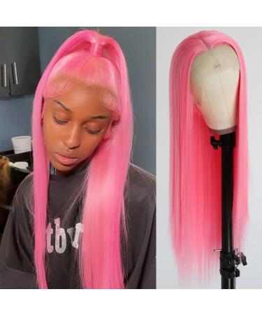 Maycaur Pink Lace Front Wigs Long Straight Hair 22 Inch Glueless Wigs for Fashion Women Heat Resistant Synthetic Lace Front Wigs with Natural Hairline Pink