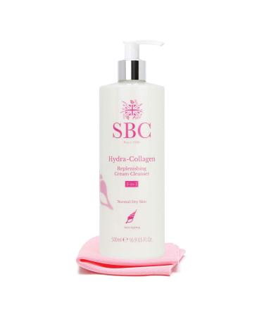 SBC Skincare Hydra-Collagen Replenishing Cream Cleanser with Skin Shammy 500ml Anti-Ageing Collagen Facial Cleanser Removes Make-Up Cleanses Hydrates