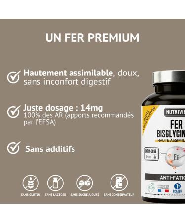 Fer Bisglycinate 14 mg - Anti-Fatigue - Immunit - Haute Tol rance Digestive - 100% des AR - 60 G lules - Cure 2mois - Fabriqu en France - Nutrivie - Buy Online on GoSupps.com
