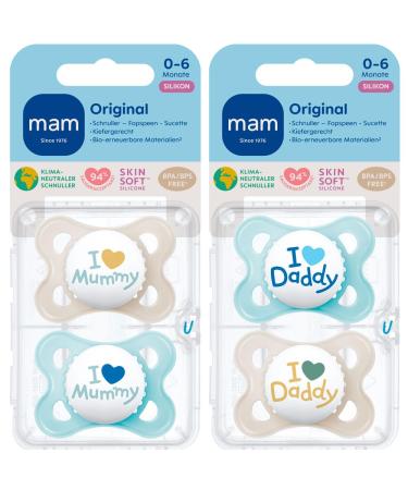 MAM Skin Soft Silicone Pacifier Set for Boys (0-6 mo) - 4 Pacifiers + 2 Sterilized Transport Boxes - I Love Mummy & Daddy - International Shipping Available - Buy Online on GoSupps.com