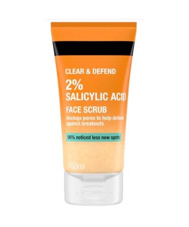 Clear & Defend Oil-Free 2% Salicylic Acid Face Scrub Daily Face Wash to help Prevent Breakouts Oil Free Exfoliating Facial Cleanser for Acne-Prone Skin Unclog Pores - 150 ml