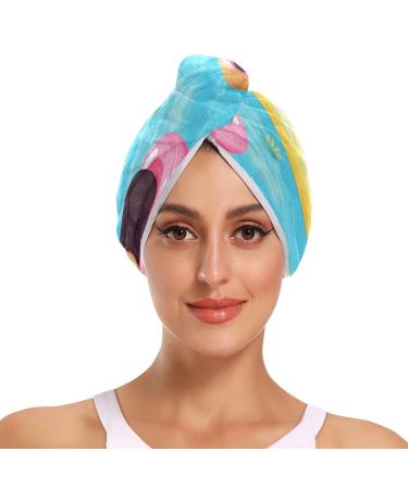 Dog with Swimming Ring Hair Towel 2 Pack Super Absorbent Hair Drying Towel Quick Dry Hair Turbans Head Towel with Button Twisty Wrap for Women Girls