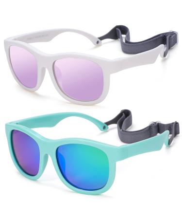 Flexible Polarized Baby Sunglasses with Adjustable Strap for Toddler Newborn Infant Age 0-24 Months A1* (White/Purple Mirrored + Green/Green Mirrored) - 2 Pack 40 Millimeters