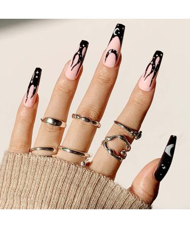 Vatocu Long Pink Flame Tai Chi Press-On Coffin Nails - 24 Pack Ballerina Acrylic Fake Nails for Women & Girls - Black & White Full Cover - Buy Online on GoSupps.com