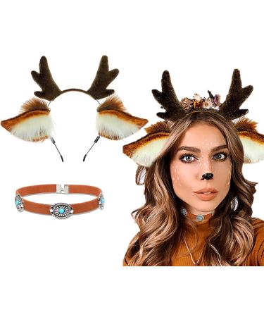 LaVenty Luxury Furry Reindeer Headband Deer Horn Ears Headband Deer Animal Costume for Halloween Yellow