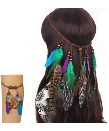Fodattm Set of 2 Bohemian Peacock Feather Headband Headdress and Armband Hippie Headwear Headpiece Handmade Tribal Indian Fascinator Feather Hairband Hair Accessories for Girls Women Lady (C#)