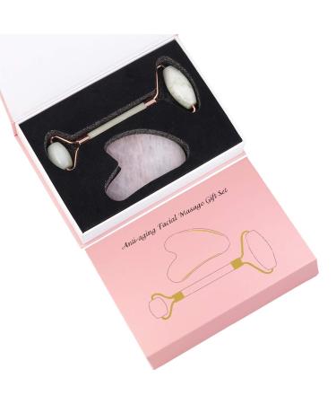 mookaitedecor Xiuyan Jade Roller & Rose Quartz Gua Sha Scraping Massage Tool Set Face Massager for Wrinkles Anti Aging Green/Pink - Buy Online on GoSupps.com