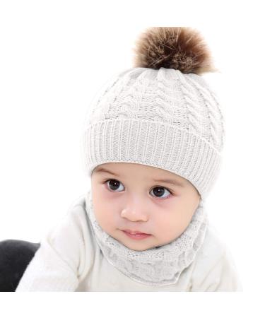 Yinuoday 2PCS Toddler Baby Knit Hat Scarf Winter Warm Beanie Cap with Circle Loop Scarf Neckwarmer White