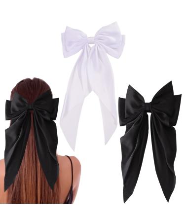 Hair Bows for Women Girls  2pcs Big Silky Satin Bow Hair Barrettes Clip  Metal Clips Long Tail French Bowknot Hairpin Holding Hair  90's Hair Dress Up Accessories (Black & White)