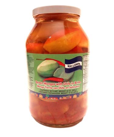 RIO LEMPA Green Mango with Chili in Brine, Mango Tierno con Chile en Solmuero One Glass Jar NT. WT. 32 oz (906g) DR. WT. 19 oz. (540g)