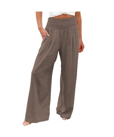 Gcvizuso Women's Cotton Linen Pants Summer Elastic High Waist Palazzo Pants Loose Wide Leg Lounge Yoga Pants with Pockets A02-coffee Small