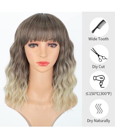 Gradient Blonde AISI HAIR Synthetic Wavy Curly Bob Wig with Bangs - Shoulder Length Ombre Wig for Women - Buy Online on GoSupps.com