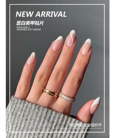 24Pcs/Set Press On Nails Medium Length White Lnes False Nails Acrylic Fake Nails Full Cover Nails Tips Artificial Finger Manicure Press on nails for Women and Girls - Buy Online on GoSupps.com