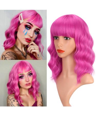 AISI BEAUTY Hot Pink Wig with Bangs Short Bob Wavy Curly Wig Shoulder Length Hot Pink Wigs for Women Synthetic Hair Colorful Wig for Halloween Costume Cosplay 14 Inch 14 Inch (Pack of 1) Hot Pink