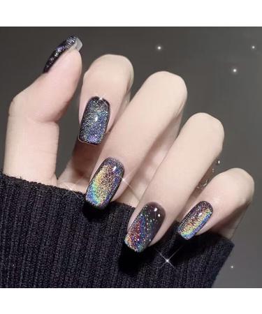 Square False Nails 24 PCS Cat Eye Design French Grey Glossy Glitter Short Acrylic Press on Nails for Women and Girls Cat1
