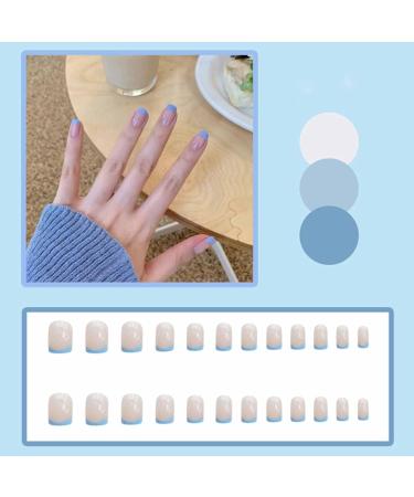 Medium Press on Nails | Full Cover Acrylic Stick on Nails for Women & Girls | French Blue | 1 Count - Buy Online on GoSupps.com