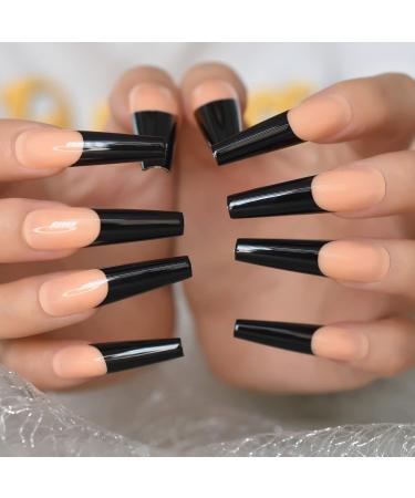 Black Lace French Artificial Nails - Extra Long Coffin Shiny Acrylic U-Shaped Tips - 24-Piece Party Set for Women - Buy Online on GoSupps.com
