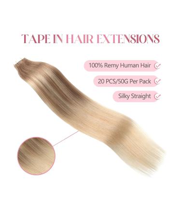 Sixstarhair Invisible Tape Extensions Real Hair 20pcs 50g 45cm Ash Brown to Dirty Blonde Balayage #8/16/60 - Perfect for Cancer Patients - Buy Online on GoSupps.com