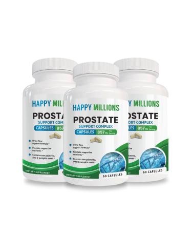 HAPPY MILLIONS Prostate Support Complex | Pack of 3 | Supports Healthy Prostate Function Urine Flow & Bladder Health | with Saw Palmetto | 60 Capsules Each