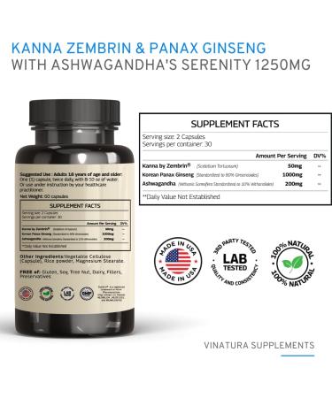 VINATURA Ashwagandha Korean Ginseng Kanna Zembrin Capsules - Brain Health & Stress Relief Support - 1250mg - Panax Ginseng & Sceletium Tortuosum Blend - Buy Online on GoSupps.com
