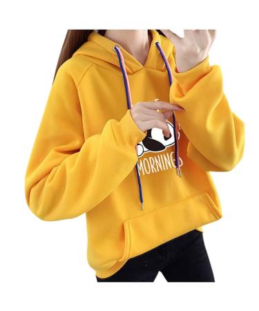 Bigfanshu Women's Dresses Autumn Hoodies Character Print I Hate Morinings Sweatshirt with Pocket Yellow