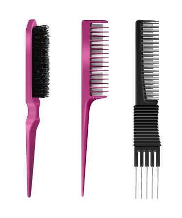 3 Pieces Pick Teasing Combs Hair Brush Set Includes Black Carbon Lift Teasing Combs with Metal Prong  Triple Pin Rat Tail Comb  Nylon Bristle Hair Comb Brush for Women (Black  Rose Red) Black and Rose Red