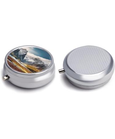 Round Pill Box Travel - Mountain Scenery Print | 3 Compartment Medicine Organizer | Decorative Metal Portable Pill Case - Style-9 - Buy Online on GoSupps.com
