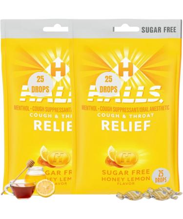 2 Honey Lemon Sugar Free Cough Drops - Hall Sugar Free - Cough Drops (Honey Lemon) Bags of 25 Drops