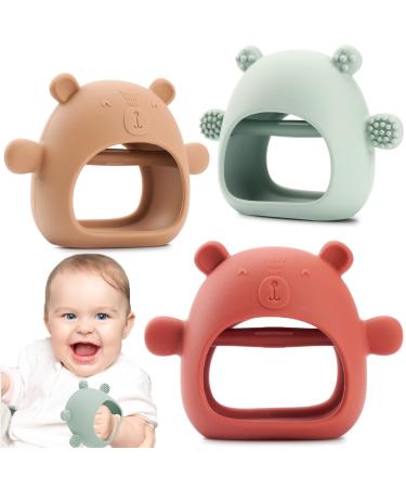 Baby Teething Toys AEOLZ Anti-Drop Silicone Bear Teether Mitten for Babies Over 3 Months Wrist Hand Teethers Baby Chew Toys for Sucking Needs BPA-Free 3 Pack Red/Brown/Green