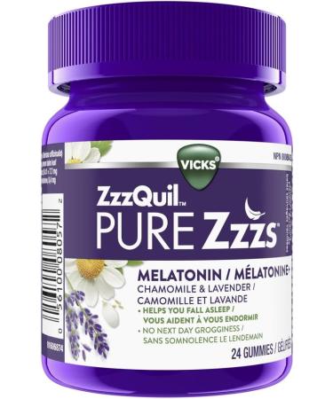 Vicks ZzzQuil PURE Zzzs Melatonin Sleep Aid with Chamomile Lavender & Valerian Root Non-Habit Forming 1mg per gummy Wildberry Vanilla Flavour 24 count 24ct Gummies - Buy Online on GoSupps.com