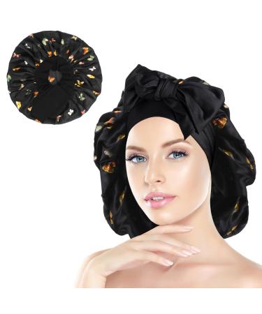 Arqumi Satin Sleeping Bonnet Adjustable Large Satin Sleep Cap Hair Bonnet Butterfly Pattern Black L