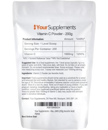 Vitamin C Powder 200g - 100% Pure British Pharmaceutical Grade | Non-GMO | With Scoop | Ascorbic Acid Supplement - Buy Online on GoSupps.com