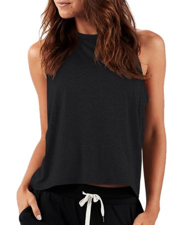 LASLULU Womens Crop Tops Sleeveless Workout Tops Halter Neck Cropped Tank Tops Flowy Athletic Shirts Muscle Tank Black Medium