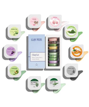 ClayCo! 10 Piece Clay Mask Variety Kit for Men & Women Facial and Skin Care Clay Face Mask Set (Rose Rose Jelly Matcha Turmeric Dead Sea Green Tea Aloe Vera Avocado Eggplant Tea Tree)