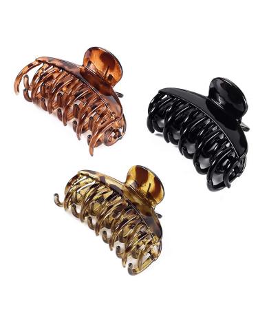 DEEKA 3 PCS 2.5 Inch Tortoise Shell Hair Claw Clips Double Row Teeth Plastic Hair Jaw Clips Hair Barrettes Thick Medium Thin Hair Clips for Women 3 Count (Pack of 1) Black/Brown/Leopard