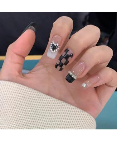 Black Flame Love Heart Bow with Diamond Shining Pearl Cute Cat 24pc False Nails Wearable Fake Nails Set Press On Nail with Glue QXJ-06