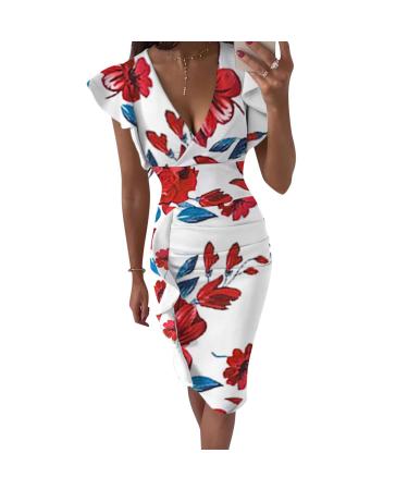 Briskyry V-neck flowers case of the kneeling business dresses women summer elegant bustier festival dresses sexy ruffled hems moored sleeves tightness party dress vintage dress xl pink pink