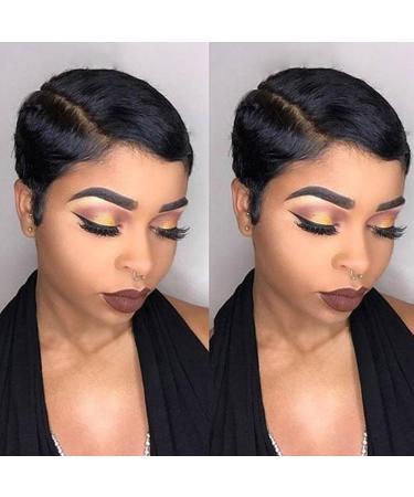 Rebecca Fashion Short Pixie Cut Lace Front Wigs Human Hair Side Part 13x5.5x0.5 Short Pixie Wigs for Black Women  Great for Daily Use  1B 1B