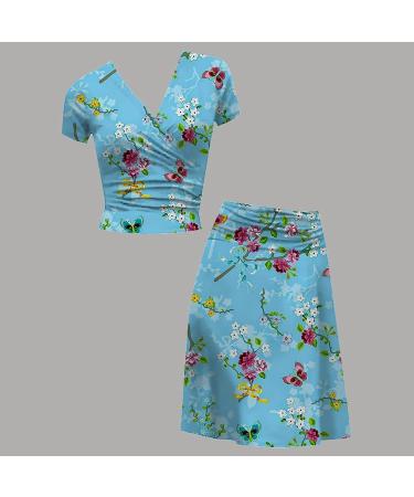 Nidddiv Summer Beach Skirt And Top Sets Women Plus Size Short Sleeve Tops Elegant Midi Skirts Cropped T-Shirts V Neck Blouses Floral Print Skirts Wrap Hip Dress Casual Skirt Elegant 2 Piece Blue L - Buy Online on GoSupps.com