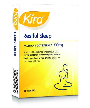 Kira Restful Sleep | 25 easy to swallow coated valerian tablets | containing 300mg standardised Valerian Root Extract | for a restful night and good sleep