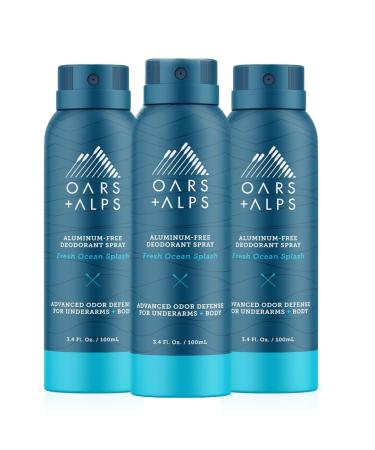 Oars + Alps Spray Deodorant for Men and Women Aluminum Free Deodorant and Full Body Spray Fresh Ocean Splash 3ct Fresh Ocean Splash 3.4 Fl Oz (Pack of 3)