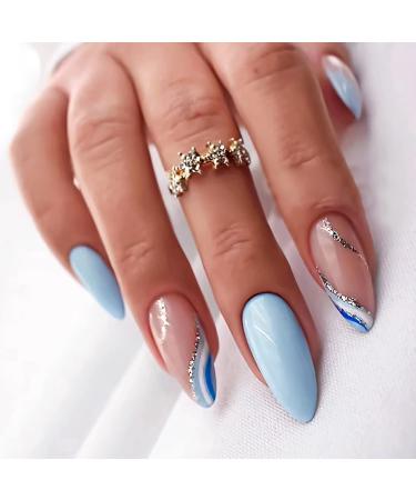 24Pcs Almond Press on Nails Medium French Tip Blue Fake Nails Silver Sequin Design False Nails Full Cover Glossy Acrylic Stick on Nails for Women and Girl Artificial Nails Blue Silver