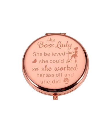 Boss Lady Gifts Compact Mirror for Women Boss Day Thank You Female Boss Leader Manager PM Coworker Christmas Rose Gold Travel Makeup Mirror for Her Retirement Leaving Going Away Inspirational Gift Pink Boss Lady