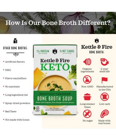 Kettle and Fire Broccoli Cheddar Keto Soup 3 Pack - Paleo & Keto Friendly, Gluten Free, High Protein & Collagen - 16.9 Oz x3 - Buy Online on GoSupps.com
