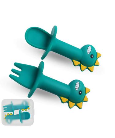 Toddler Silicone Spoons and Forks Baby Spoons Forks Set Baby Self Feeding Training Spoon and Fork for Baby Led Weaning and Toddlers (Green)