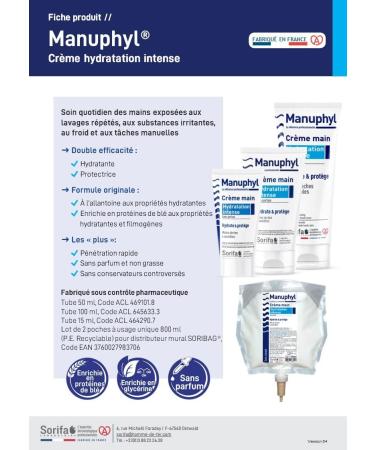  SORIFA Manuphyl Hand Cream Intense Hydration - Moisturizing and protective - Dry and sensitive hands - Non-greasy fragrance-free enriched with allantoin and wheat protein - Tube 100 ml - Buy Online on GoSupps.com