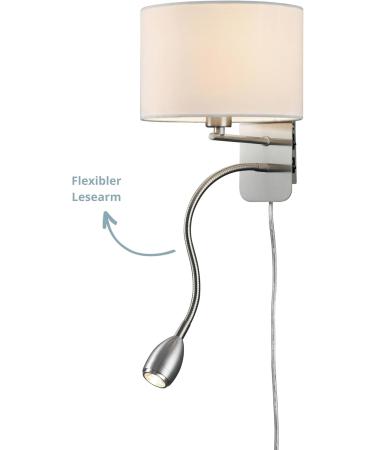 Modern Nickel Wall Lamp with Adjustable Reading Arm | White Fabric Shade | 1x E14 Max 40W | 20cm | Perfect for Home & Office - Buy Online on GoSupps.com