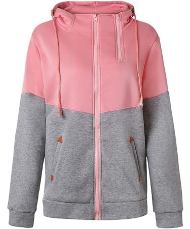 Bigfanshu Women's Double Hooded Sweatshirt Long Sleeve Autumn Spring Coat Patchwork Pocket Zipper Hoodie Plus Size Pink - Buy Online on GoSupps.com